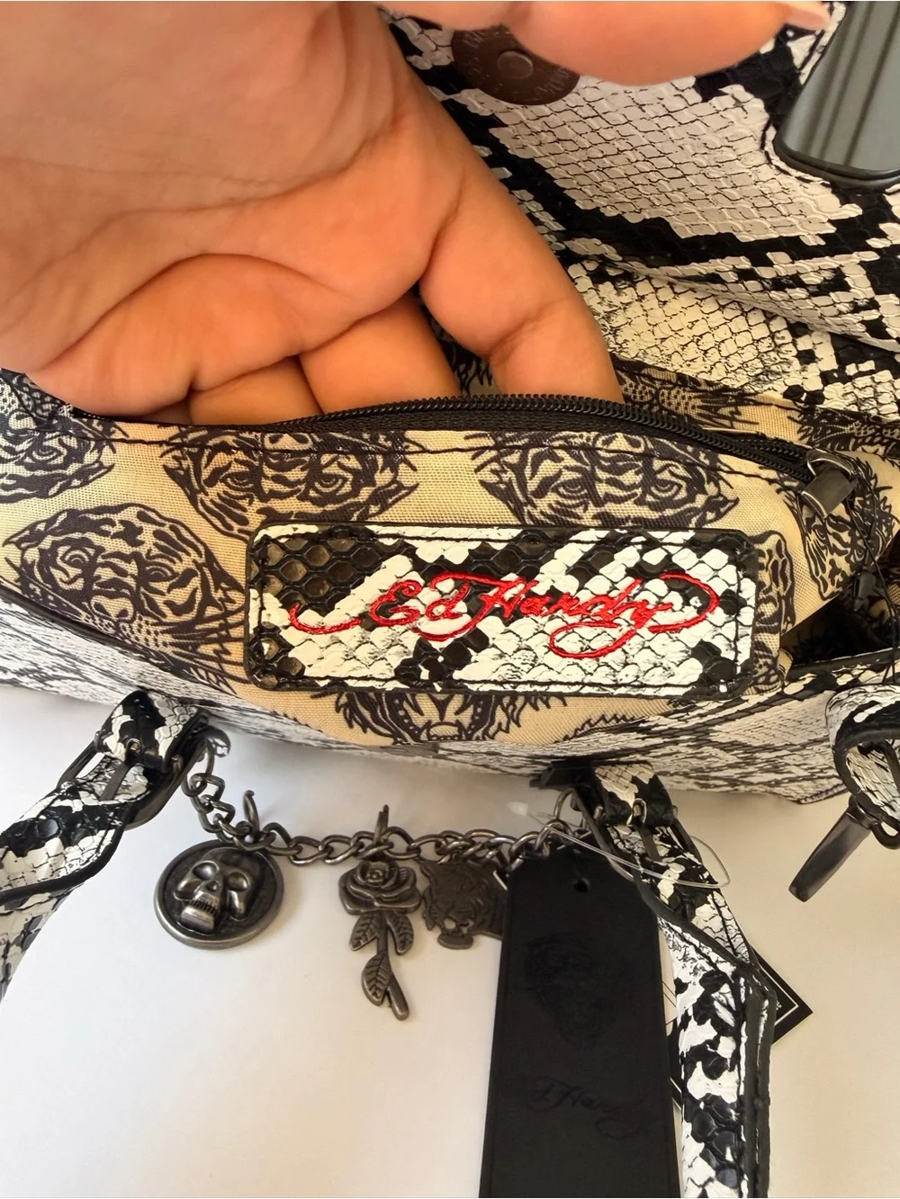 Ed Hardy White & Black Snake-Print Satchel with Charm Accents